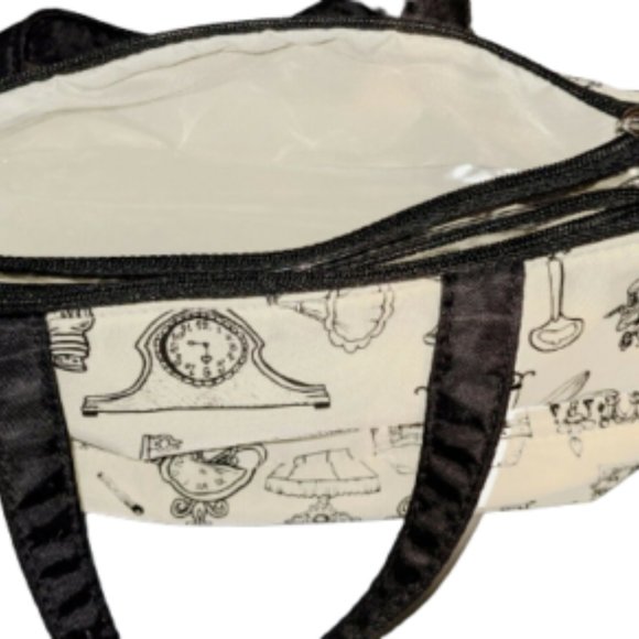 Black and White Roll Up Travel Cosmetics Bag with French Shabby Chic Style Print - Picture 2 of 3